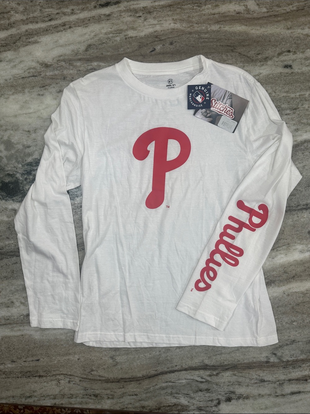 Philadelphia Phillies P Logo Stitches Kids Long Sleeve Tee Shirt Sz XL White NEW